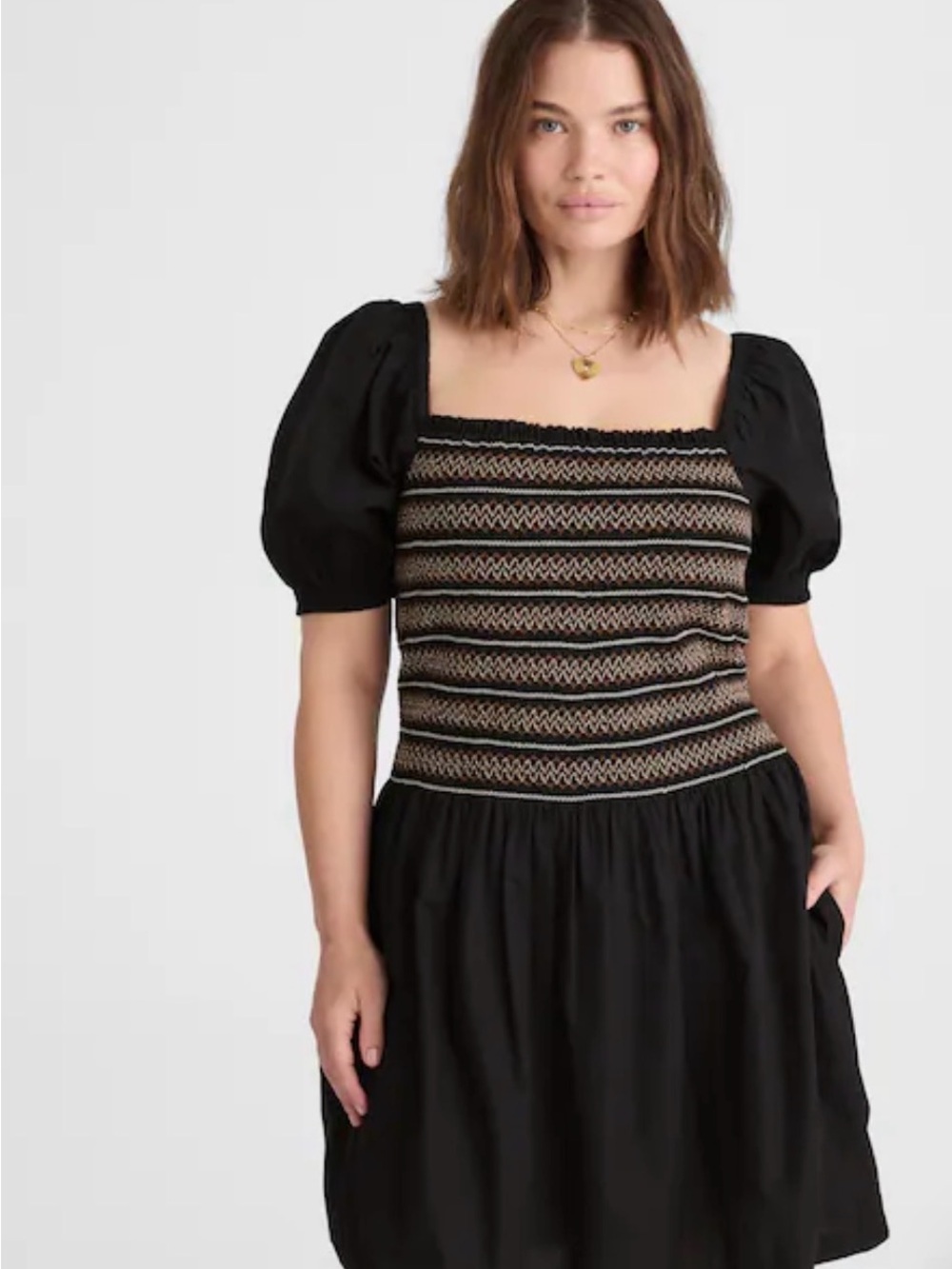Madewell Poplin Puff-Sleeve Mini Dress Smocked Pockets Boho In Black & Brown Sz